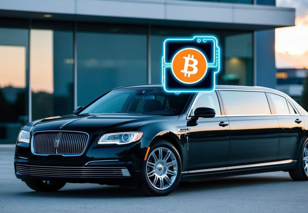A sleek limousine parked outside a modern building, with a digital Bitcoin logo displayed prominently on its payment terminal