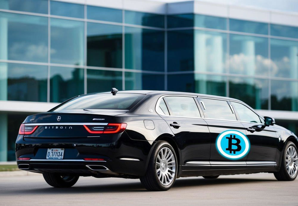 A sleek, black limousine parked in front of a modern office building, with a digital Bitcoin logo displayed prominently on the vehicle