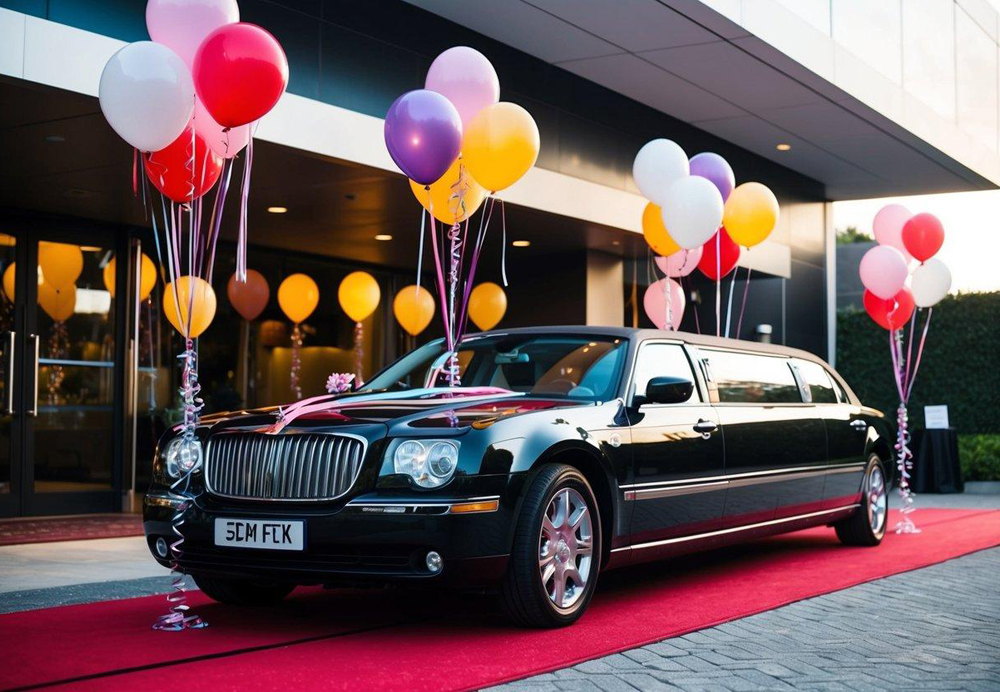 A sleek limousine adorned with balloons and streamers, parked outside a luxurious venue with a red carpet leading to the entrance