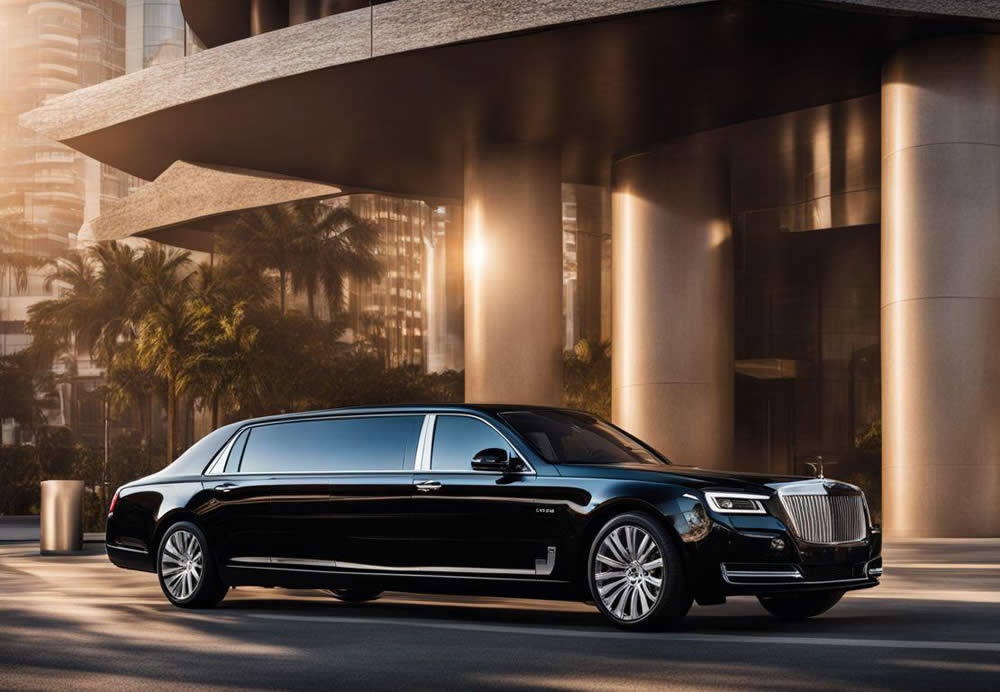 A black limousine parked in front of a building